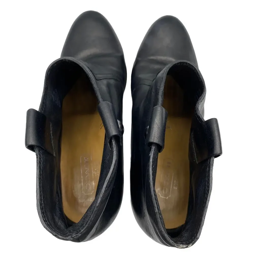 COACH Aliza Black Leather Almond Toe Stacked Cone Heel Ankle Boots Booties 7B